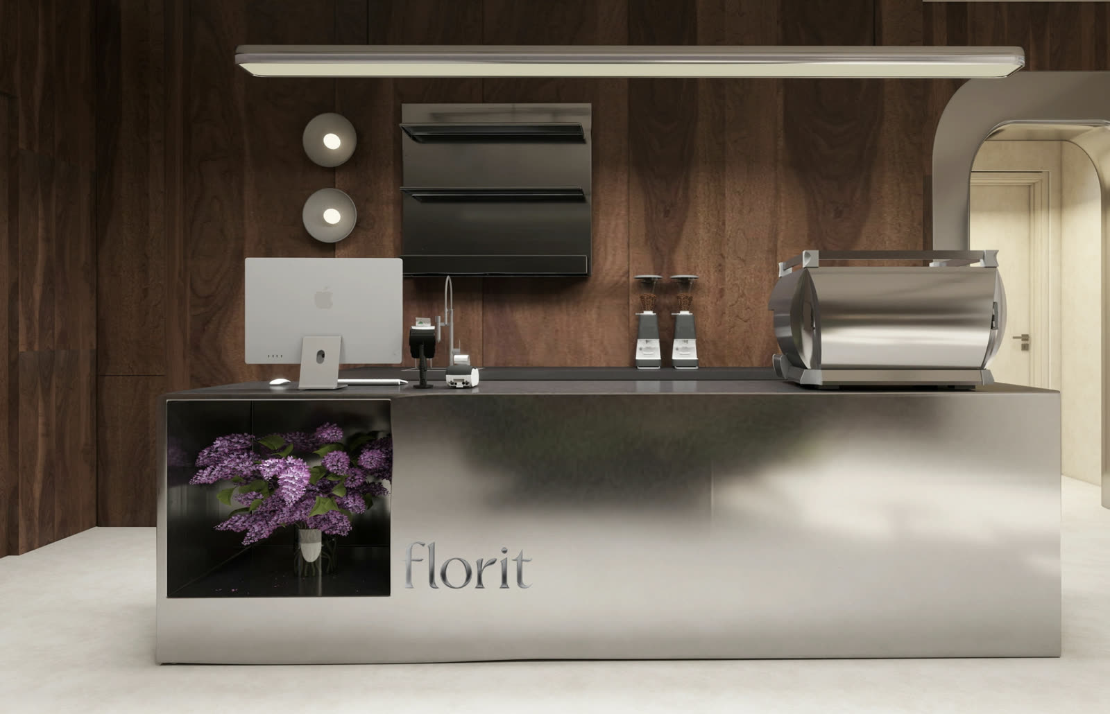 The Sip counter in steel, with the espresso machine and grinders.