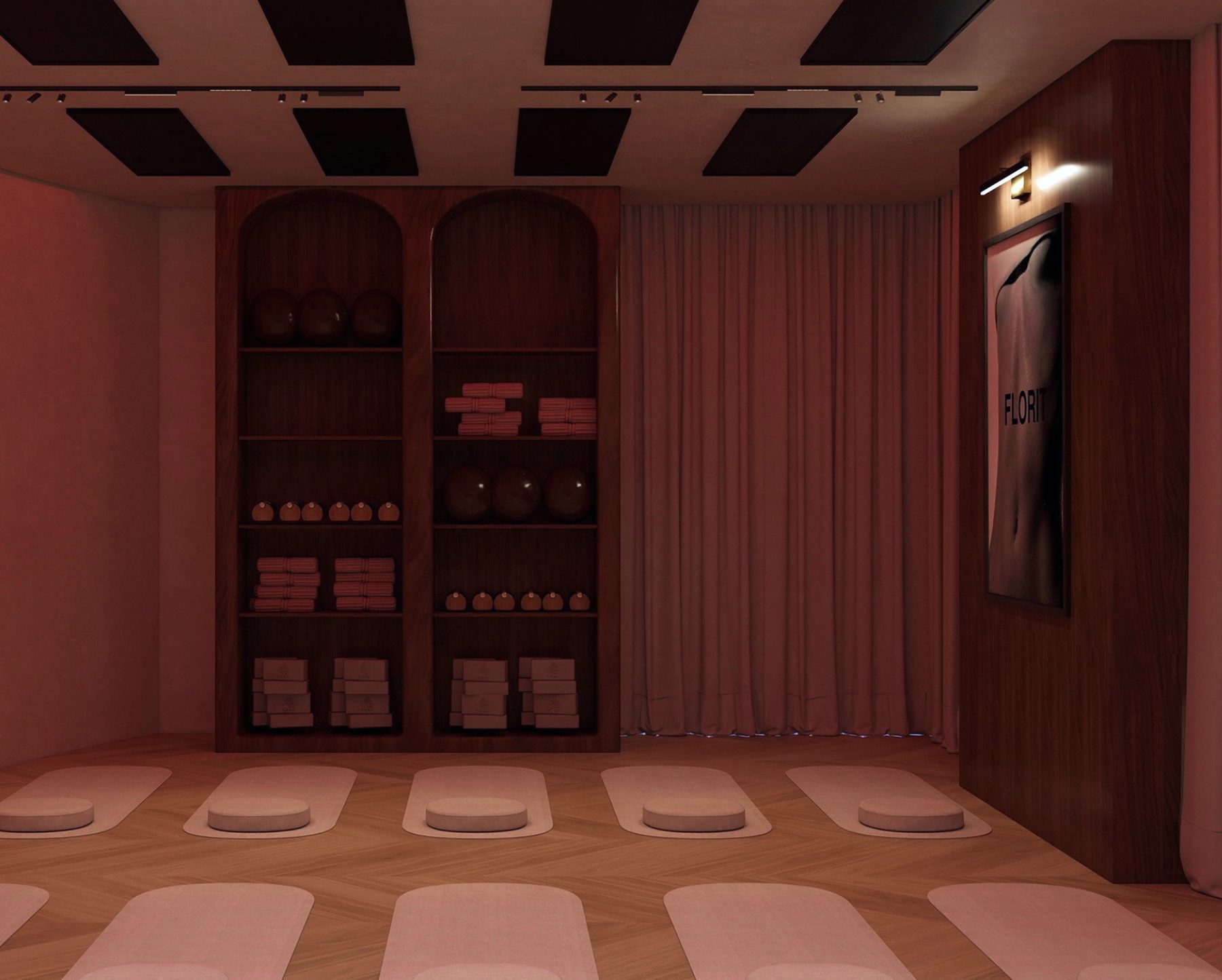 The Sweat room, its mats laid out under the infrared panels.